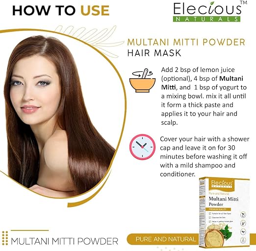 Elecious 100% Natural Multani Mitti powder for Face, Skin and Hair| Fuller's Earth, Bentonite Clay (200 Grams)