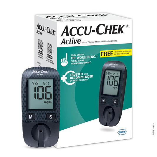 Accu-Chek Active Blood Glucose Glucometer Kit With Vial Of 10 Strips, 10 Lancets And A Lancing Device Free For Accurate Blood Sugar Testing