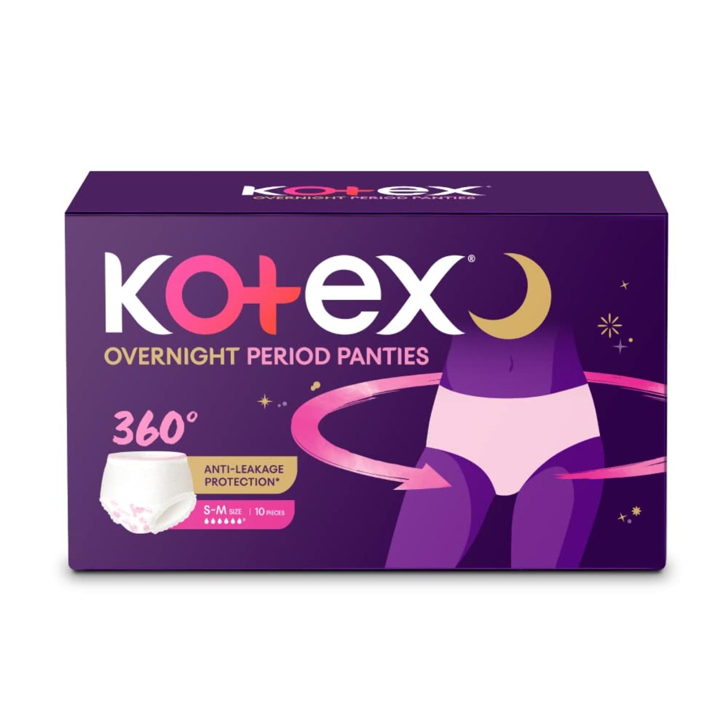 Kotex Overnight Period Panties (Small/Medium size, pack of 10 panties) for heavy flow period protection | with 360 degree anti-leakage design & airy-soft fabric | 1 panty = 3 regular pads