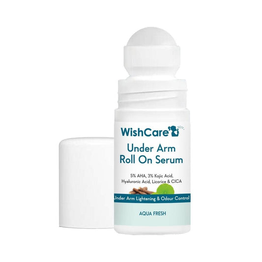 WishCare Underarm Roll On Serum - 5% AHA & 3% Kojic Acid for Brightening & Odour Control - Roll On Deo for Women & Men- Long Lasting Aqua Fragrance - 50ml