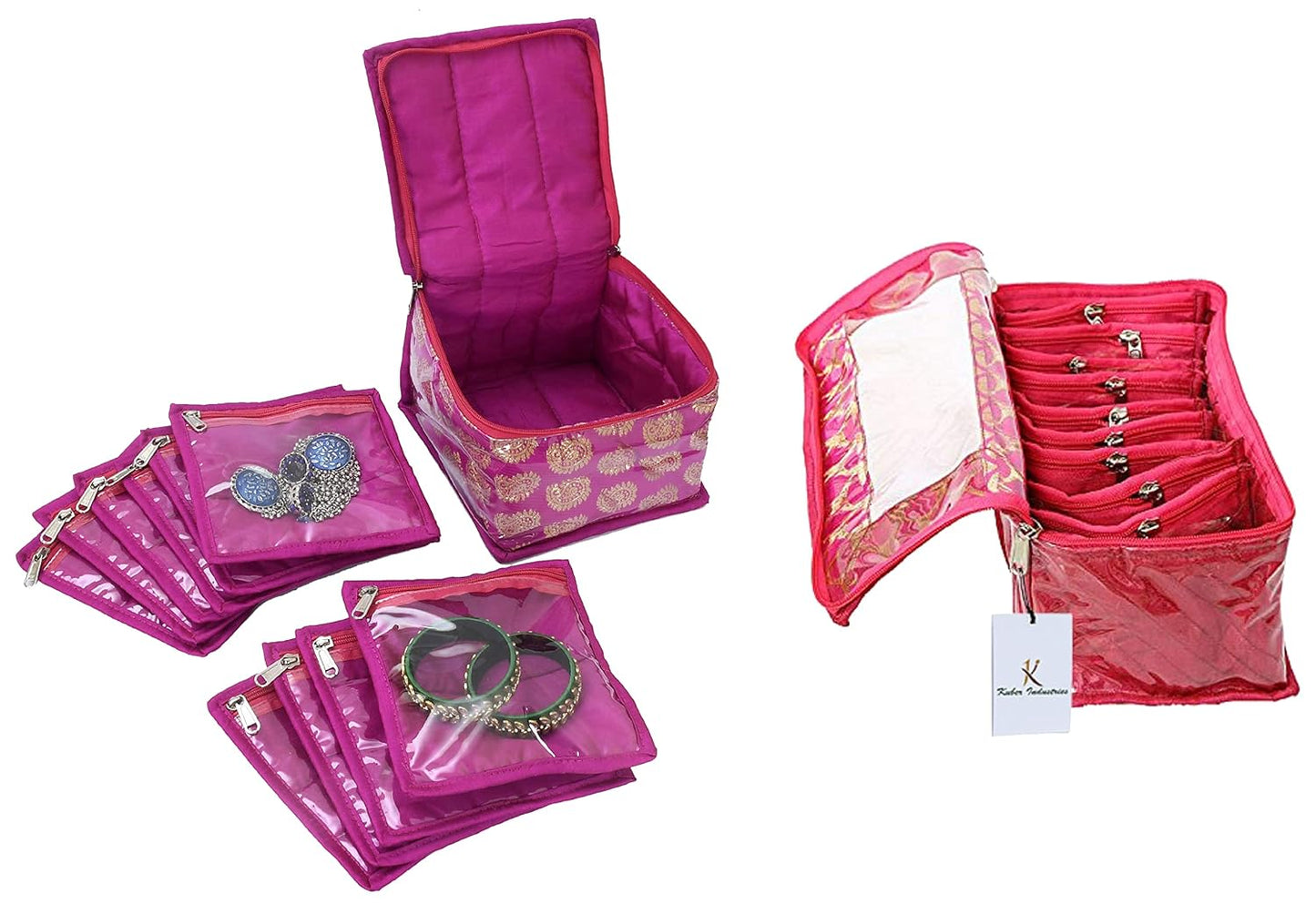 Kuber Industries Brocade Jewellery Kit|Wedding collection Gift with 10 Pouches, Pack of 1 (Pink)