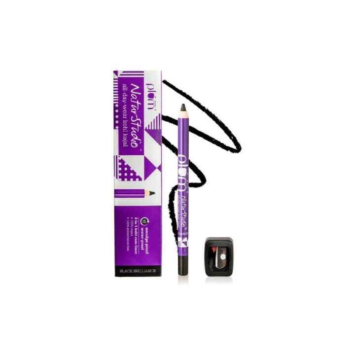 Plum Naturstudio All-Day-Wear Kohl Kajal Matte Finish Black Brilliance Eyeliner Pencil With Free Sharpener | Smudge Proof | Waterproof 2-In-1 Eyeliner + Kajal Makeup Set, 1.2 g