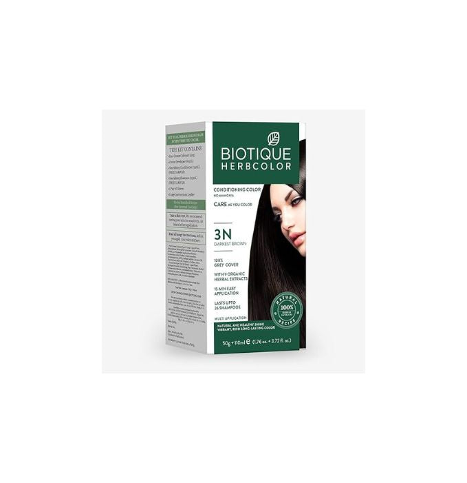 Biotique Bio Herbcolor 3N Darkest Brown Hair Color, 100% Grey Cover, With 9 Organic Herbal Extracts, 50g+110ml