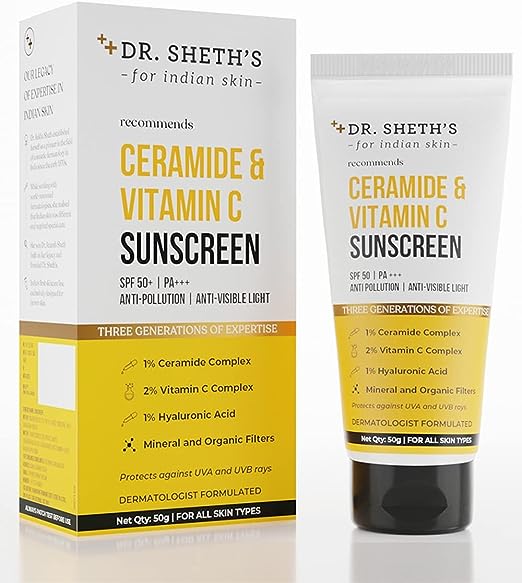 Dr. Sheth's Sunscreen SPF 50 Cream with Ceramide & Vitamin C for Oily, Sensitive, Dry Skin | For Intense Hydration | PA+++ | For Women & Men | 50g