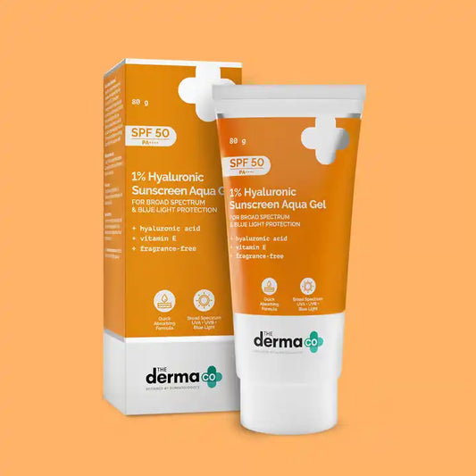 The Derma Co 1% Hyaluronic Sunscreen Aqua Ultra Light Gel with SPF 50 PA++++ For Broad Spectrum, UV A, UV B & Blue Light Protection - 50g