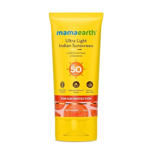 Mamaearth Ultra Light Indian Sunscreen with Carrot Seed, Turmeric and SPF 50 PA+++ - 80ml  Packed with SPF 50 | Long Lasting Sun Protection